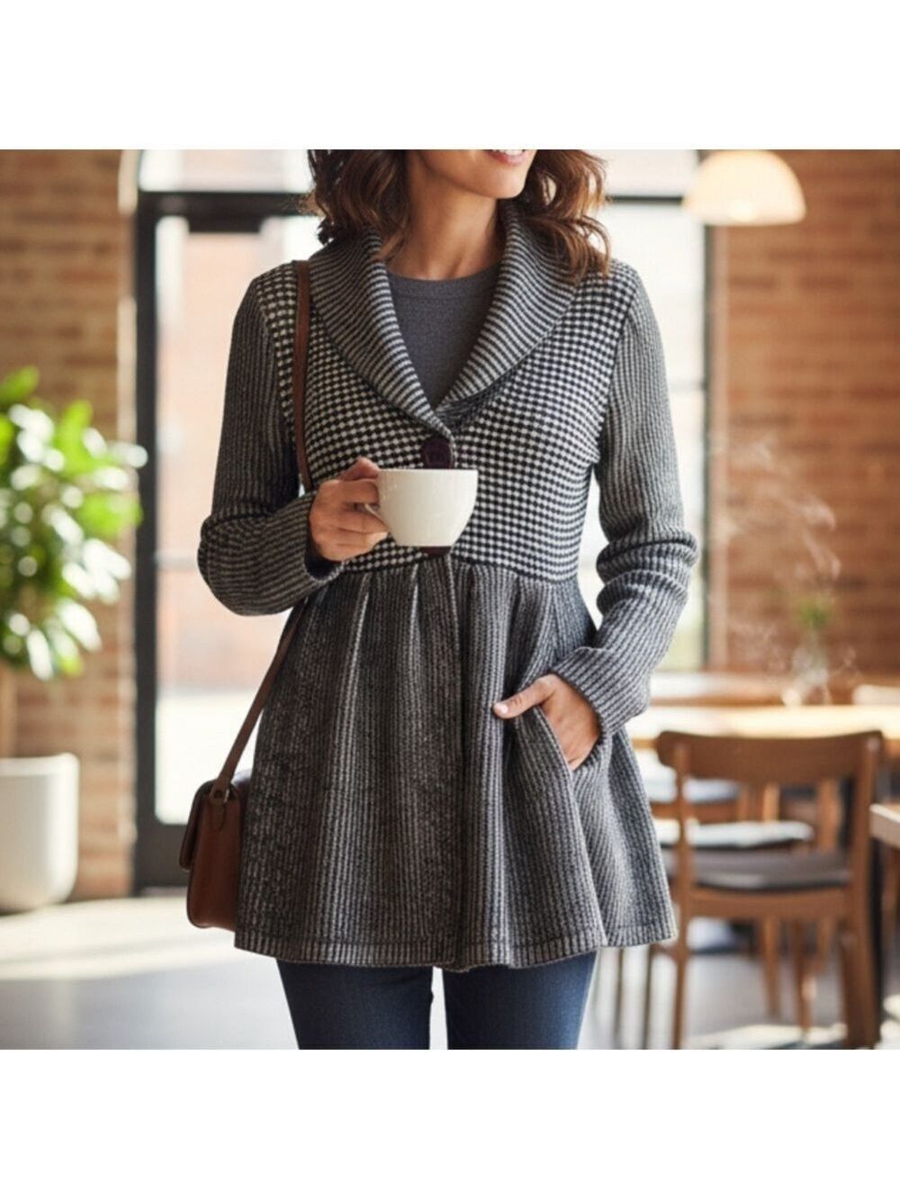 Adorable Knit Babydoll Cardigan Sweater Sz M Grey Ribbed Cozy Cute Shawl Collar